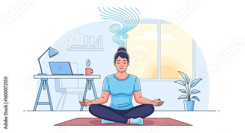 Woman meditating at home office, promoting mindfulness and work-life balance