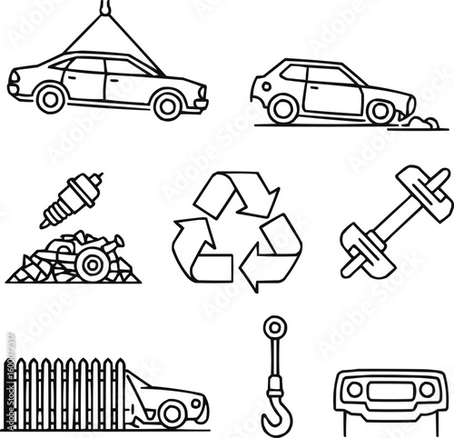 Car Dismantling and Salvage Yard Icons   Minimal Doodle Vector of Recyclable Auto Components