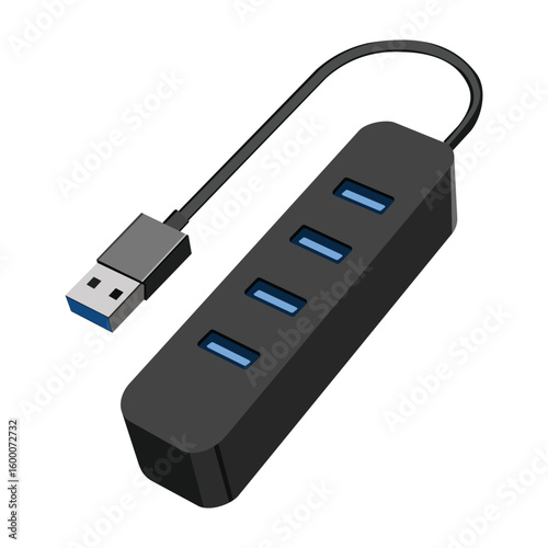 Usb hub illustration with four ports and cable isolated on white background