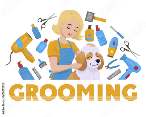 Vector illustration depicting a joyful pet grooming session. A woman happily grooms a dog surrounded by grooming tools, emphasizing care and cleanliness in the pet grooming process.