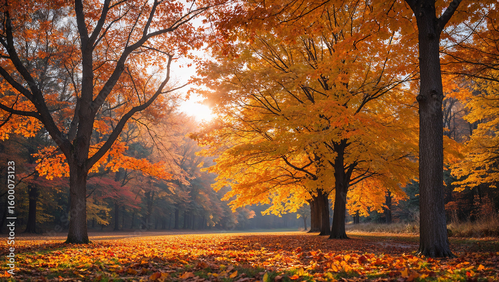 Fototapeta premium Warm sunlight shining through colorful autumn trees in public park