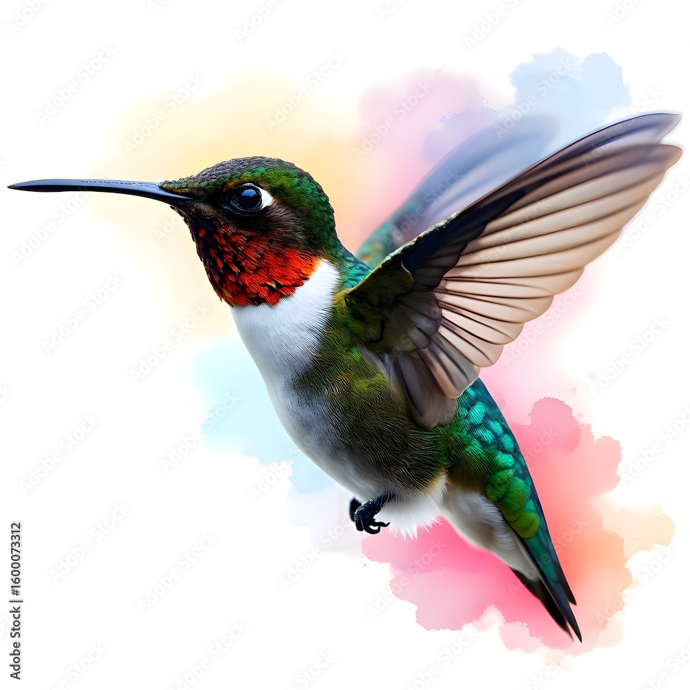 Fototapeta premium Flying hummingbird in side view, painted in watercolor style and isolated on a white background. Perfect for nature-inspired artwork, decorative prints, wildlife illustrations, and spring or garden-th