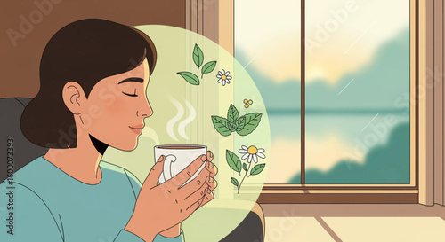 Woman enjoying herbal tea with plants in a serene setting near a window