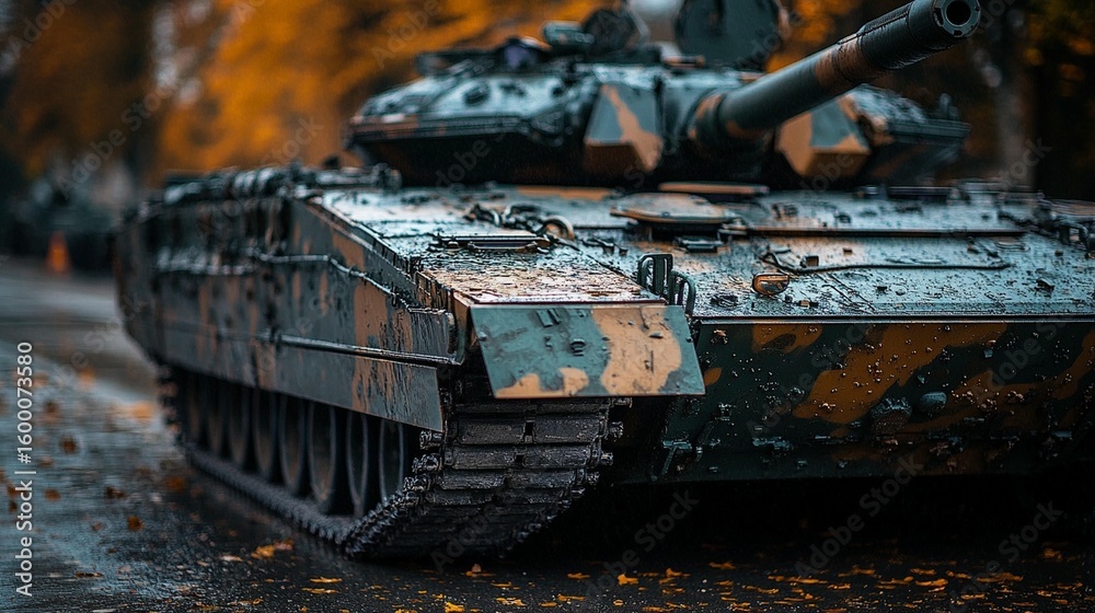 Fototapeta premium Camouflaged tank on a wet street