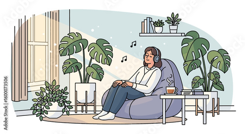 Woman relaxing with headphones in cozy room with plants and tea