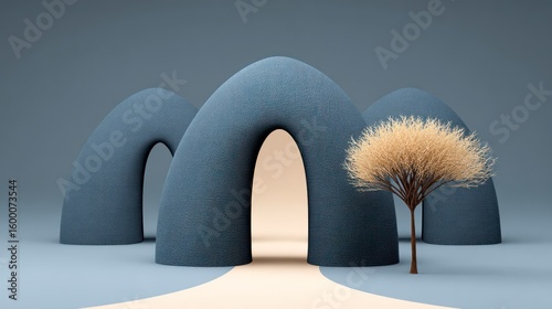 Wallpaper Mural Three abstract organic shapes with a single dry grass bush and pathway on a grey background Torontodigital.ca