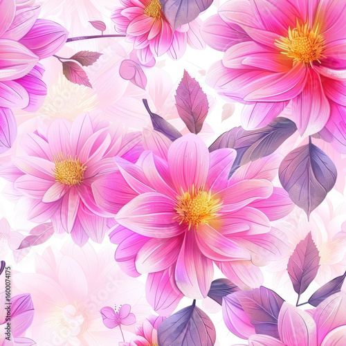 Vibrant pink dahlia flower pattern creates beautiful seamless floral background for spring and summer designs showcasing delicate petals and botanical elegance.