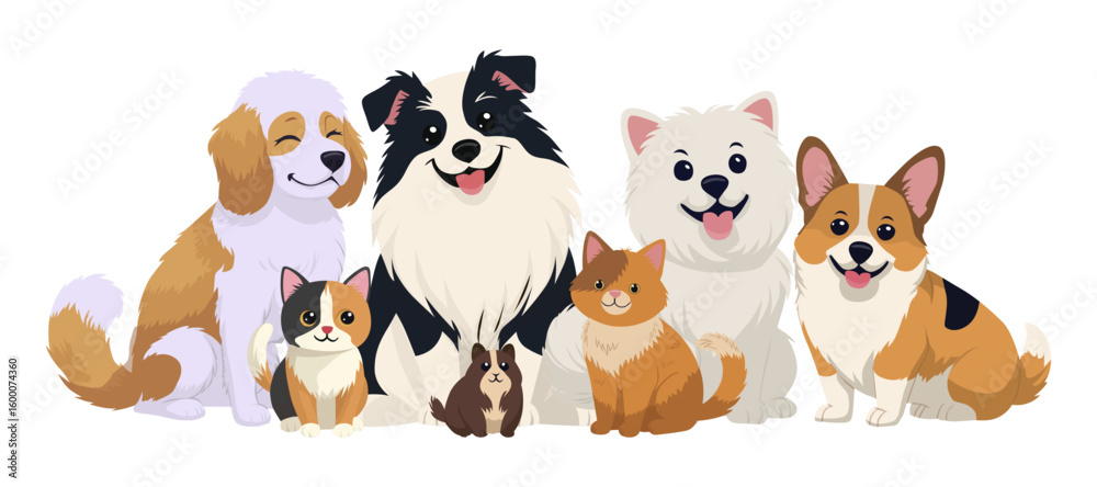 Obraz premium Charming vector illustration of a diverse group of pets sitting together. The image features dogs, cats, and a small rodent, all with friendly expressions, highlighting pet diversity.