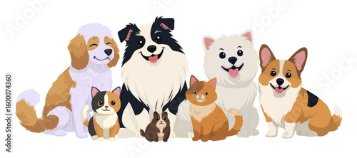 Charming vector illustration of a diverse group of pets sitting together. The image features dogs, cats, and a small rodent, all with friendly expressions, highlighting pet diversity.