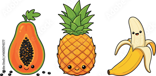 Cartoon papaya, pineapple, banana with smiling faces, vibrant fruit characters, fun tropical healthy food illustration, colorful fresh design, cheerful