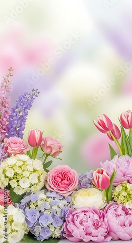Floral arrangement featuring roses, tulips, peonies and hydrangeas
