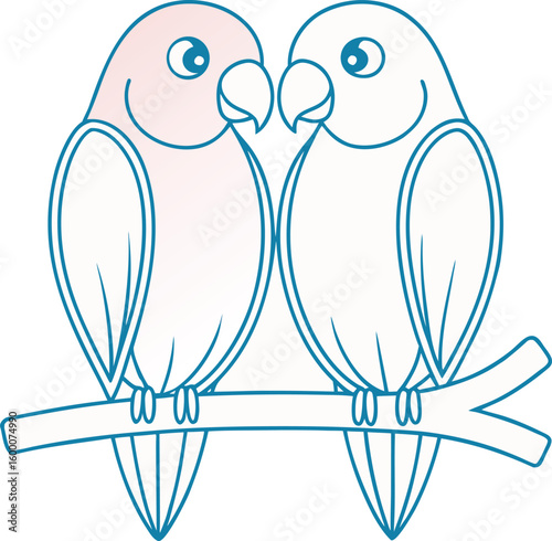 Two colorful parrots sitting closely side by side on a branch isolated on transparent background