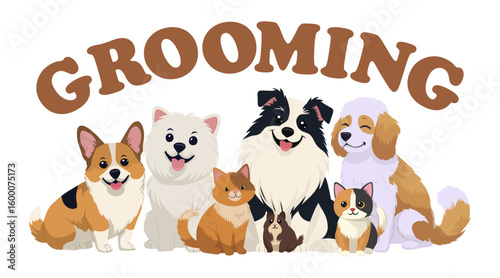Vector illustration featuring a group of cute pets posing happily under the word Grooming. Includes dogs, cats, and small animals, all with joyful expressions, perfect for pet-related designs.
