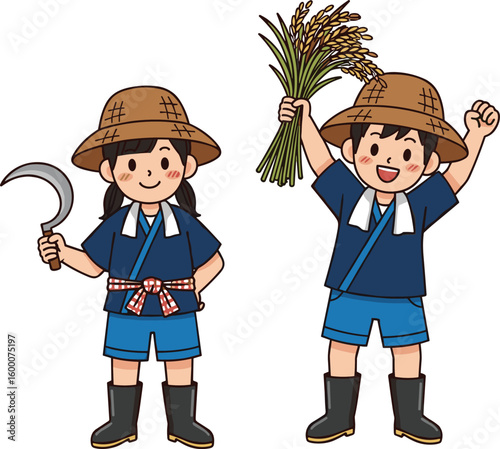 Children holding rice stalks, traditional farming clothes, smiling faces, rural harvest celebration, sickle in hand, agriculture culture, countryside joy