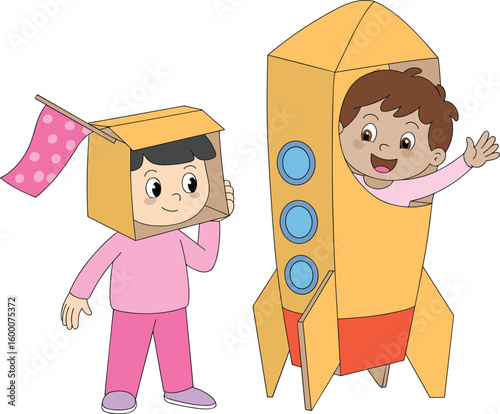 Children Playing with Cardboard Rocket, DIY Box Helmet, Imaginative Space Adventure, Creative Fun Activity, Kids Pretend Cosplay Illustration, Adobe Stock