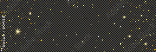 Gold glittering dust with stars on transparent backdrop