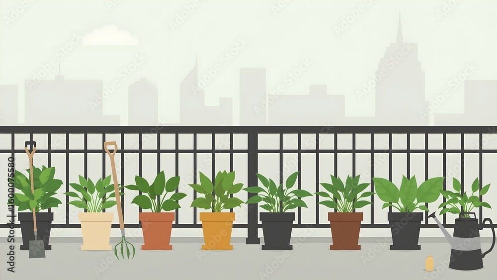 Naklejka premium Urban balcony gardening with potted plants and tools
