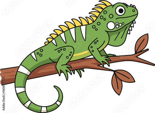 Colorful cartoon iguana perched on branch, vibrant reptile artwork, tropical animal illustration, nature themed drawing, educational, green lizard, fun