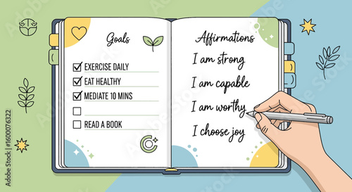 Hand writing personal goals and affirmations in a journal for self improvement and wellness