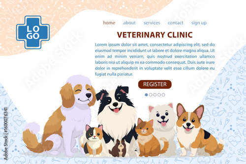 Veterinary clinic website design featuring a welcoming group of happy, cartoon-style pets including dogs and cats. Includes clickable register button. Vector illustration format.