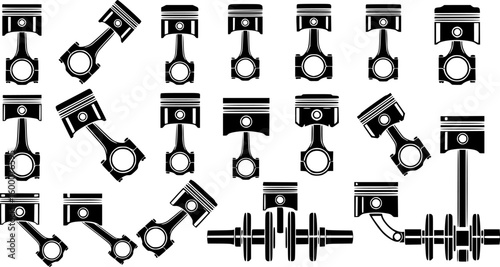 Car engine piston icons set. Collection of various engine pistons, highlighting diverse connecting rod and crankshaft configurations