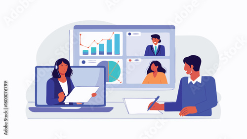 Virtual meeting showing charts and participants on screen with two people working