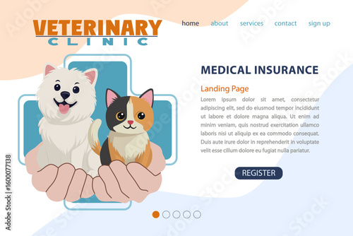Veterinary clinic website design featuring a cheerful dog and cat vector illustration. The layout includes a medical insurance landing page with a register button, offering a friendly user experience.