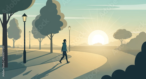 Person walks through park at sunrise with sunbeams and streetlights casting long shadows
