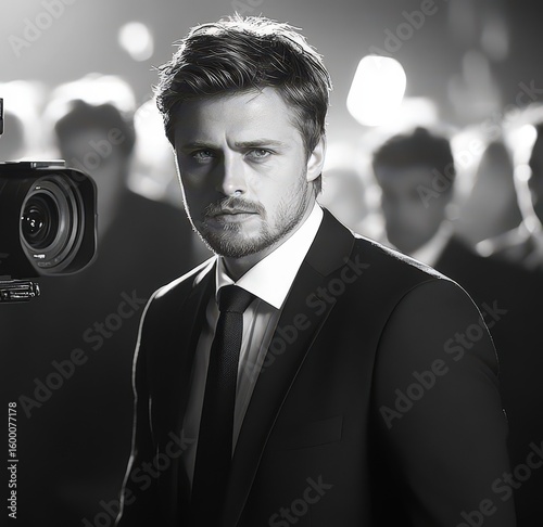 Wallpaper Mural Charismatic actor poses confidently in a formal suit before a crowd at a glamorous event Torontodigital.ca