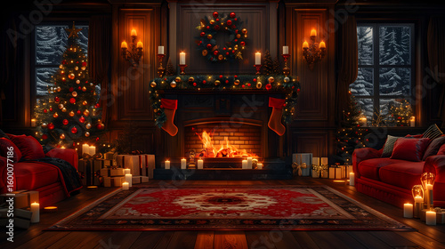 Aristocratic Christmas parlor with traditional decorative elements and luxurious textile choices
