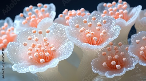 Delicate coral-like flowers glistening with droplets in an ethereal underwater world