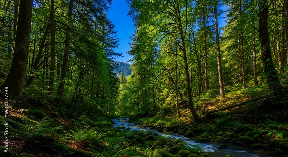 Fototapeta premium Serene forest scenery with flowing river and vibrant green lush foliage