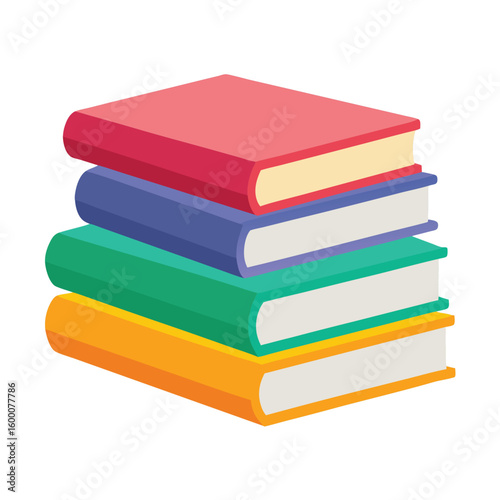 A neat stack of three books with vibrant colorful covers, on a clean white background, symbolizing knowledge, learning, and education.