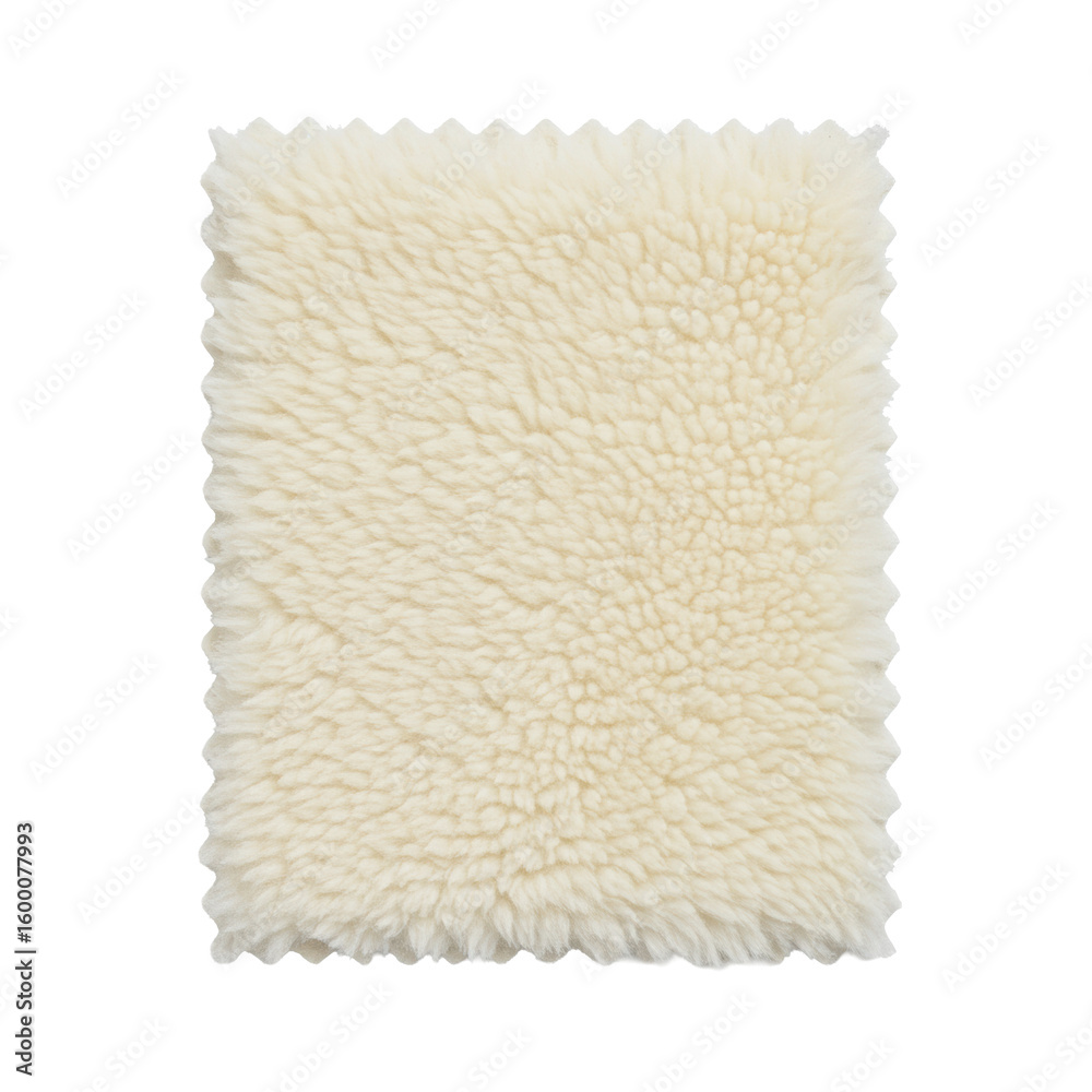 Fototapeta premium Ultra realistic top-down studio shot of a single, soft, creamy white faux shearling fabric swatch with dense fibers on a transparent background, perfectly lit, concept of textile quality and texture