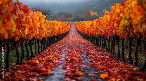 Autumn Vineyard Scene with Colorful Leaves on a Damp Path