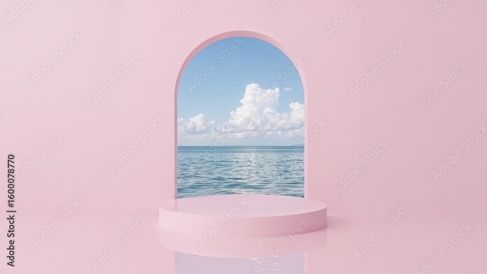 Fototapeta premium Pink cylindrical podium in an arched opening overlooking a calm blue ocean