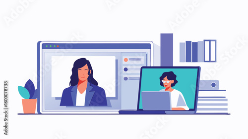 Illustration of two women in a video conference on laptops with books and plant on a white background