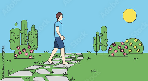 Man walks barefoot on stone path through sunny garden with flowers and trees