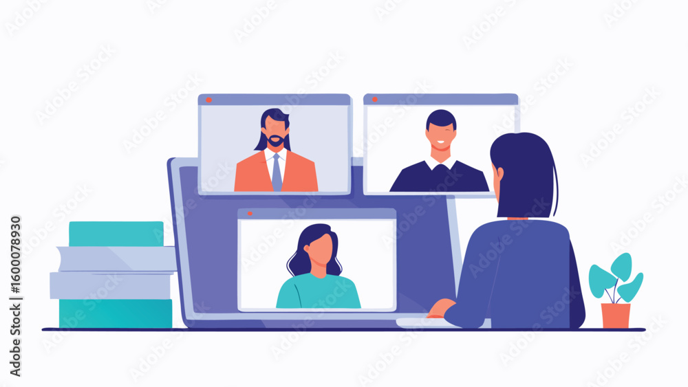 Obraz premium Woman attending a video conference with three participants on a laptop screen display view online call