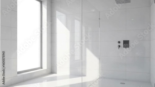 White tiled bathroom features a bright window glass shower panel  chrome fixtures mounted on the wall