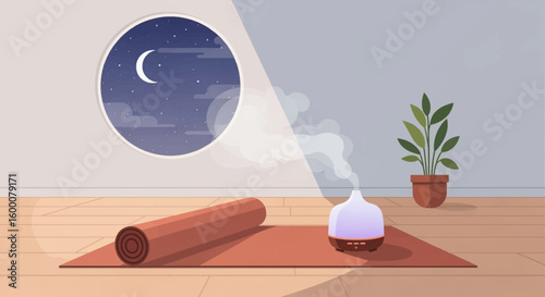 Aromatherapy diffuser and yoga mat in serene room with night sky view