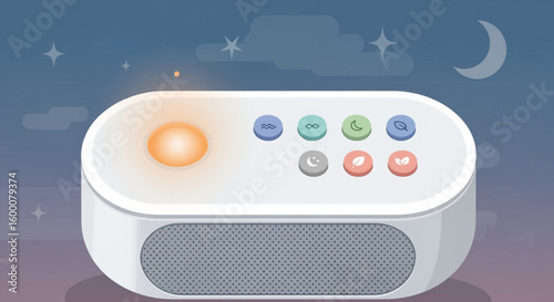 Modern white sound machine with illuminated button and nature-themed icons against a starry night sky