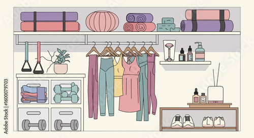 Organized fitness wardrobe with yoga mats, dumbbells, activewear, and beauty products