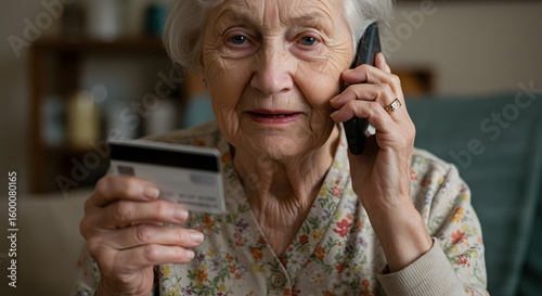 Vulnerable senior woman on the phone giving credit card information, a target for financial fraud. Concept of identity theft and phone scams against the elderly.