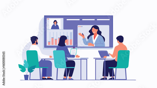 People attending a virtual meeting with a presenter on a large screen in a conference room setting