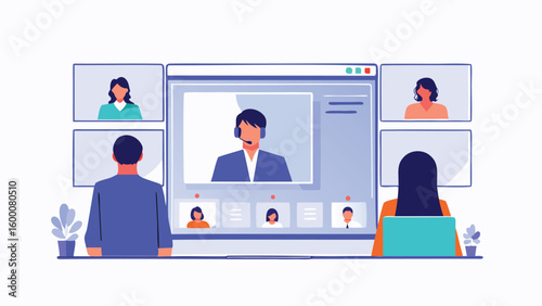 Illustration of a group video call with several participants displayed on a large computer screen