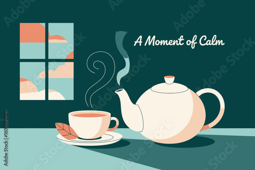 A moment of calm with tea cup teapot window view minimalist illustration promoting relaxation and serenity for lifestyle branding and wellness advertising