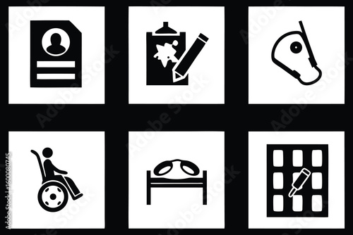 Profile document puzzle piece writing tool horse bridle wheelchair bed lamp calendar grid set of silhouettes
