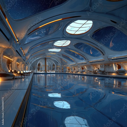 Futuristic indoor pool with a celestial ceiling, featuring curved architecture, ambient lighting, and sleek lounge furniture