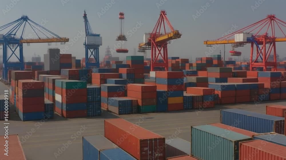 Aerial view of a busy shipping port with numerous colorful cargo containers stacked high and large cranes visible in the background, ready for loading.